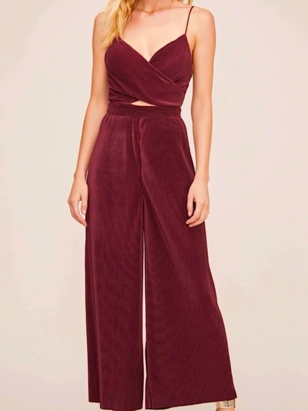 ASTR The Label Burgundy Wide-Leg Jumpsuit with Wrap Bodice